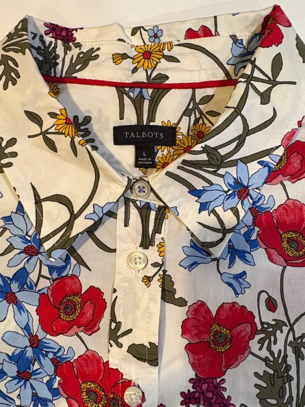 Talbots White Floral Button-Down Blouse Large Boho Cottagecore RedYellow Flowers - Picture 8 of 9